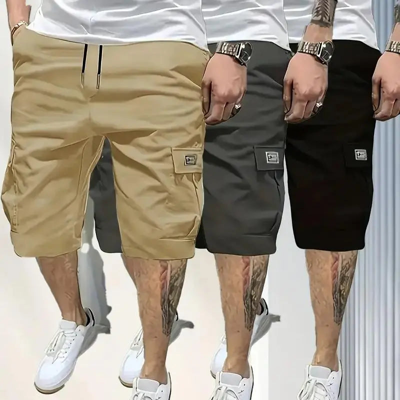 Men’s shorts set (1-piece or 3-piece options; khaki/black/gray) — slanted pockets — single rear side pocket — versatile casual wear — suitable for everyday use; summer shorts ideal for daily outings and vacations; multi-pocket casual shorts