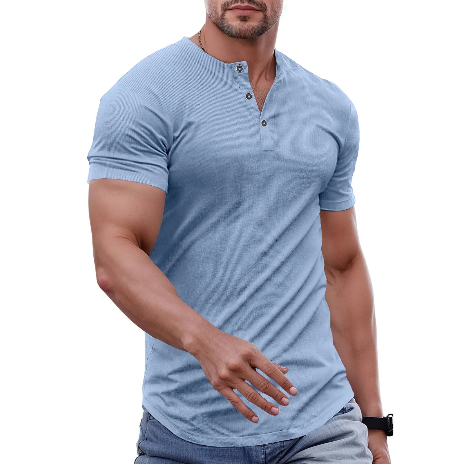 Men's Slim Fit Henley Athletic Longline Workout T-Shirt Heavyweight Stretch