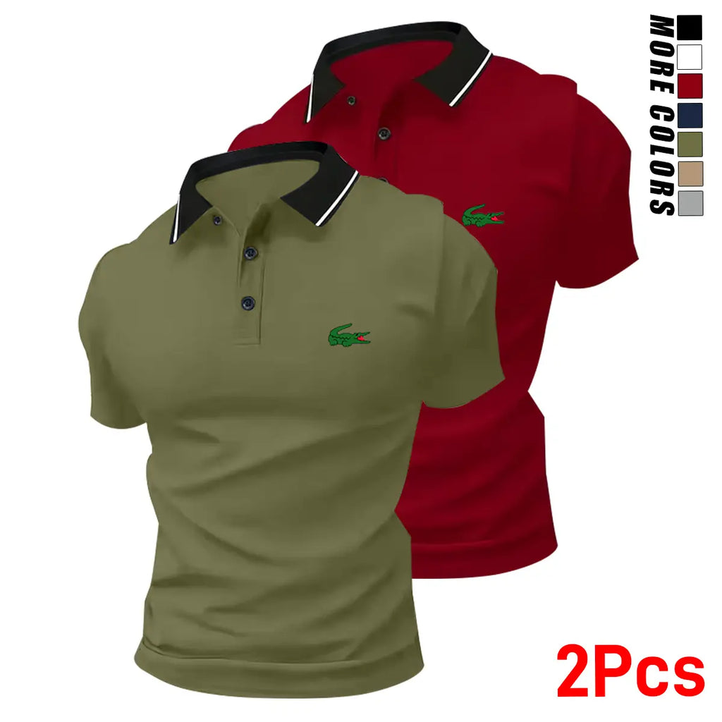 Men’s stylish polo shirt set featuring a small green crocodile print (2 pieces). Fashionable business-casual polo shirts with turn-down collars—comfortable, breathable short sleeves for summer; ideal as a gift.,back to school,back to school shopping