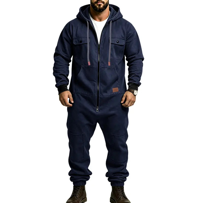 Men’s Hooded Cargo Jumpsuit for Men, Multi-Pocket Zip Front Workwear Coveralls, Relaxed Fit Long Sleeve Utility One Piece Outfit, Outdoor Work Hiking Camping Travel Streetwear Casual Overall with Elastic Cuffs and Drawstring Hood