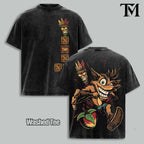 Men's Vintage 90s Crash Bandicoot Oversized Heavyweight Cotton Short-Sleeve Tee - Aku Aku Mask Graphic, Retro Platform Game Streetwear, Cotton Graphic Tees for Gaming Fans, Shortsleeve