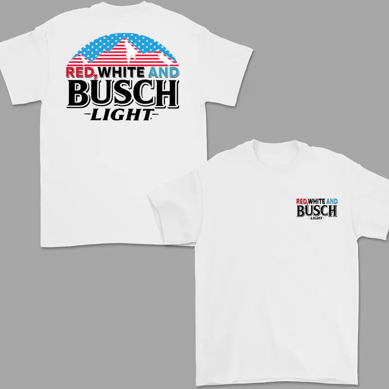 Red White and Busch Light T-Shirt for Men Women, Funny Patriotic Beer Lover Tee, Flag Mountain Graphic T-Shirt, 4th of July Drinking Party Shirt, Vintage Summer Beer Tee, Father’s Day Gift for Beer Lovers, Casual Streetwear Shirt