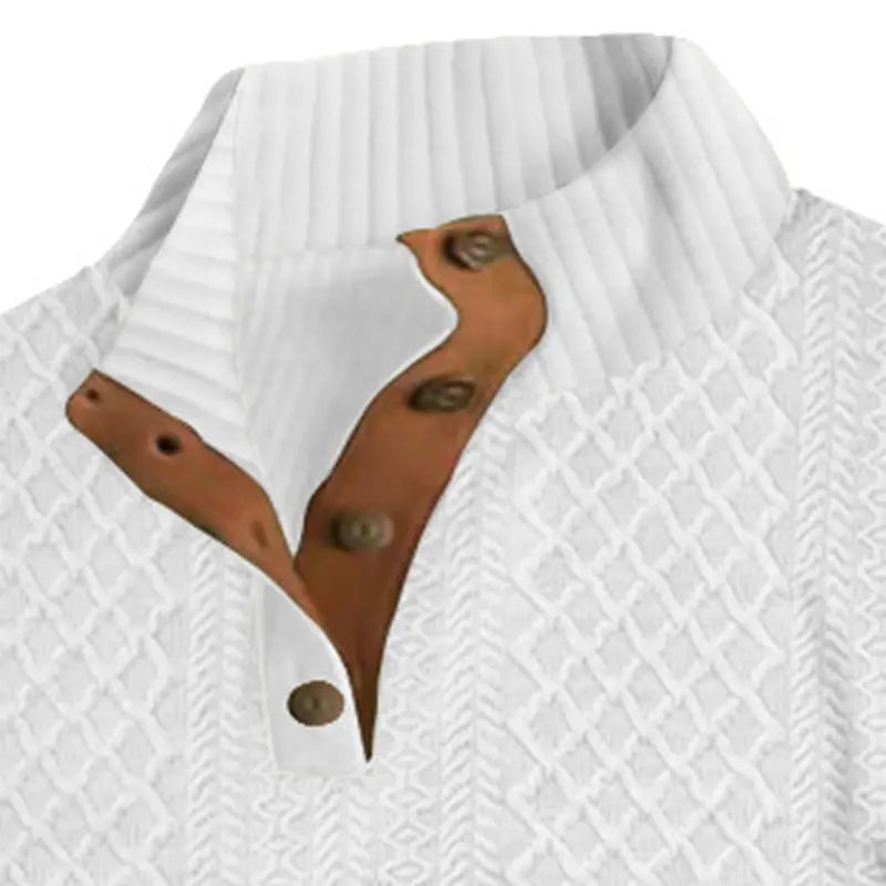 Men's 3-Pcs Jacquard Stand Collar Henley Tops - Menswear, Longsleeves, Neckline Button, Minimalist Street Sporty Chic Casual Chic Sweatshirt, Casual Wear