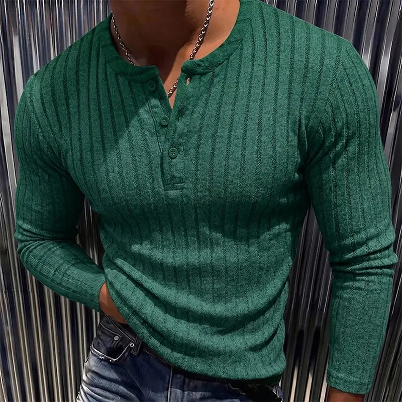 Men’s Ribbed Henley Long Sleeve Shirt Slim Fit Stretch Casual Knit Pullover for Men Soft Breathable Fashion Tee