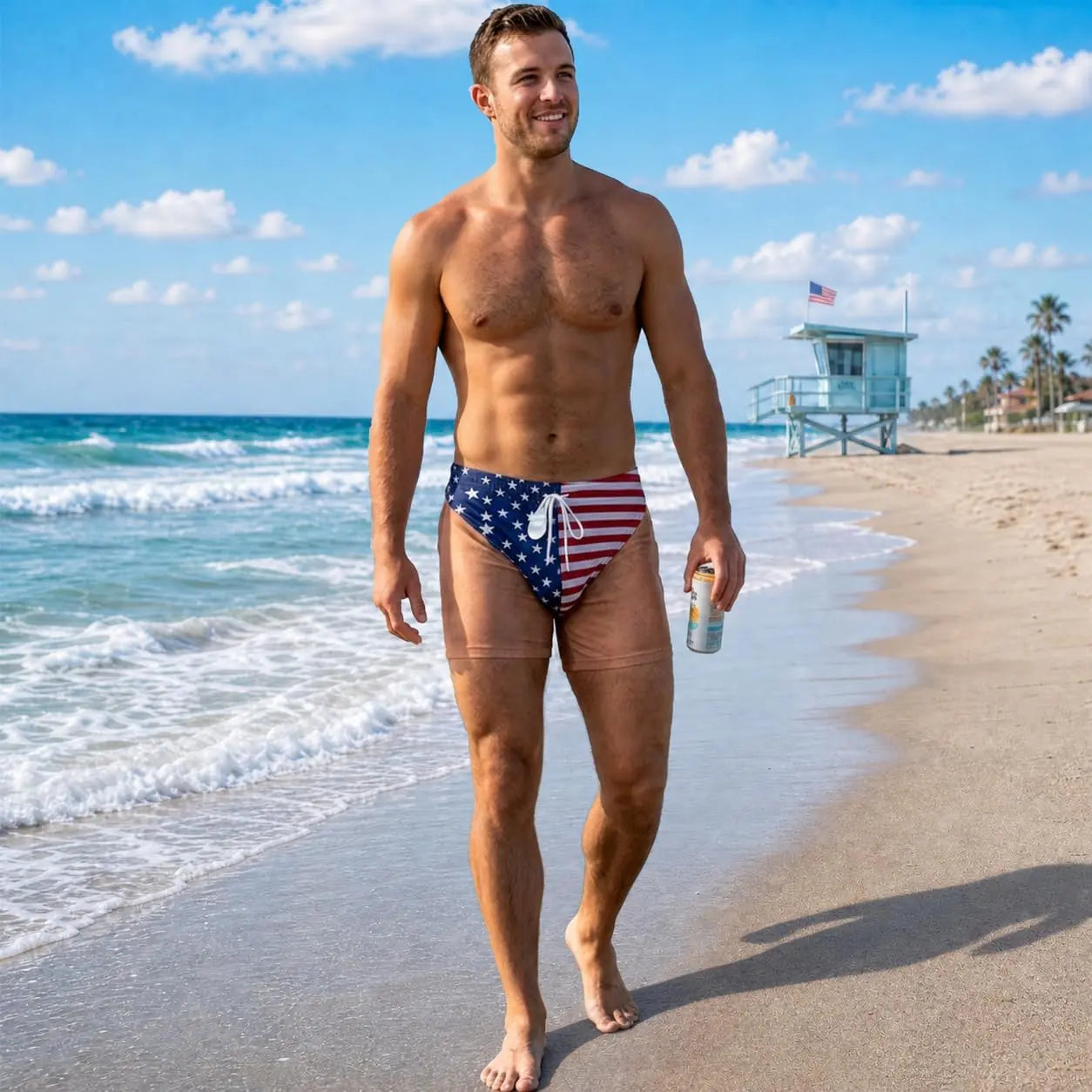 Men's Novelty Patriotic Swim Trunks - American Flag Freedom & Chill Quick Dry Beach Shorts with Mesh Lining - Funny Ugly Summer Hawaiian Shirt Vacation Gifts for Him