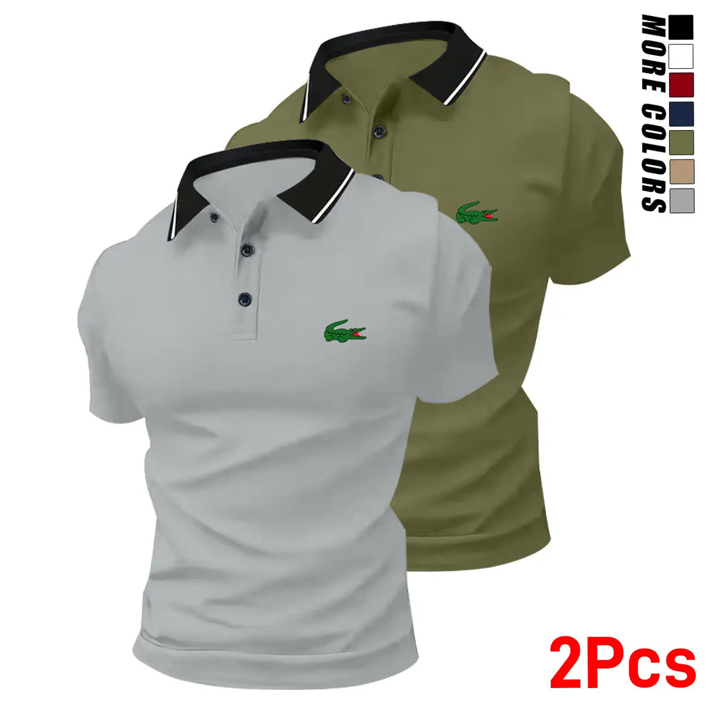 Men’s stylish polo shirt set featuring a small green crocodile print (2 pieces). Fashionable business-casual polo shirts with turn-down collars—comfortable, breathable short sleeves for summer; ideal as a gift.,back to school,back to school shopping