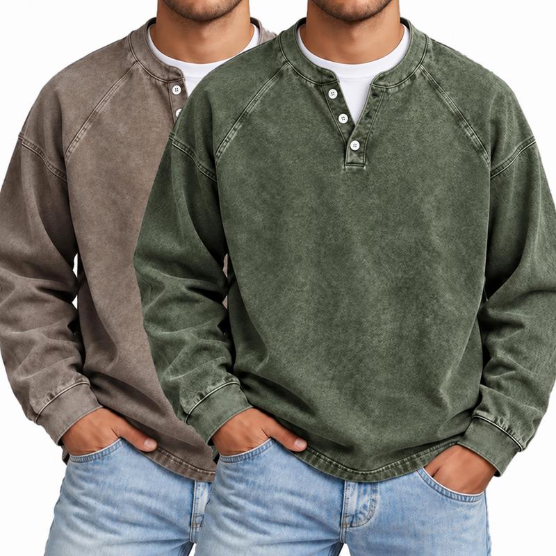 Men's Vintage Washed 3-Button Henley Long Sleeve Plain Pullover, Soft Polyester Oversized Relaxed-Fit Men's Clothing, Dark Brown Casual Streetwear, Dry Clean Compatible Stand Collar Shirt, Everyday Wear Outfits Ribbed Tshirt Wetsuit Menswear Beige Top