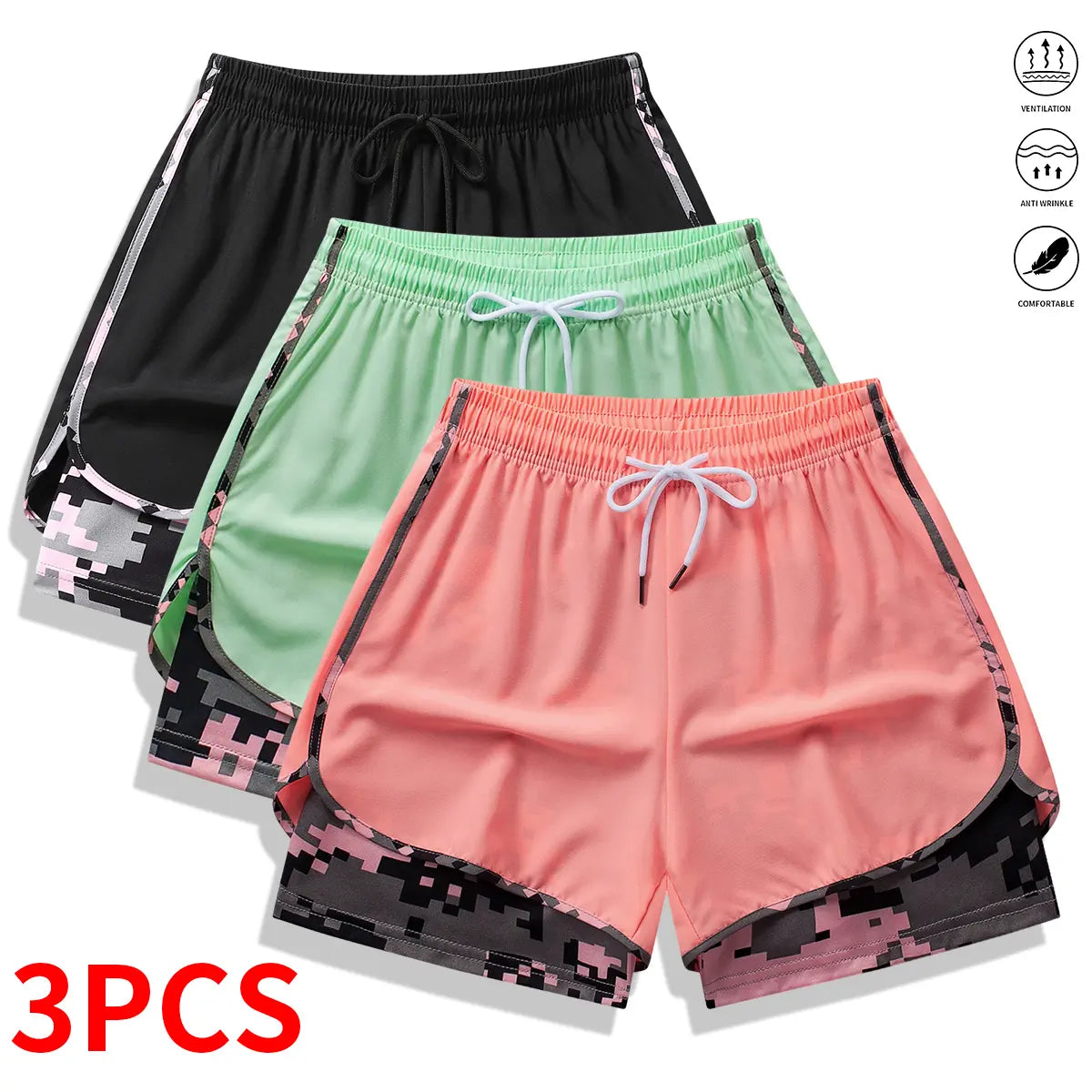 [3-Pack] Women's Athletic Shorts with Liner: Elastic Drawstring Running Shorts