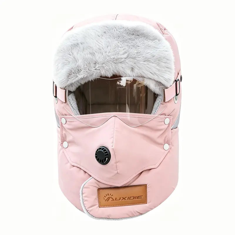 Unisex Fleece-Lined Outdoor Biking Hat with Goggles, Casual Style, Thick Inner Lining, Full Face Coverage, Warm Winter Sports Accessory (QXM)