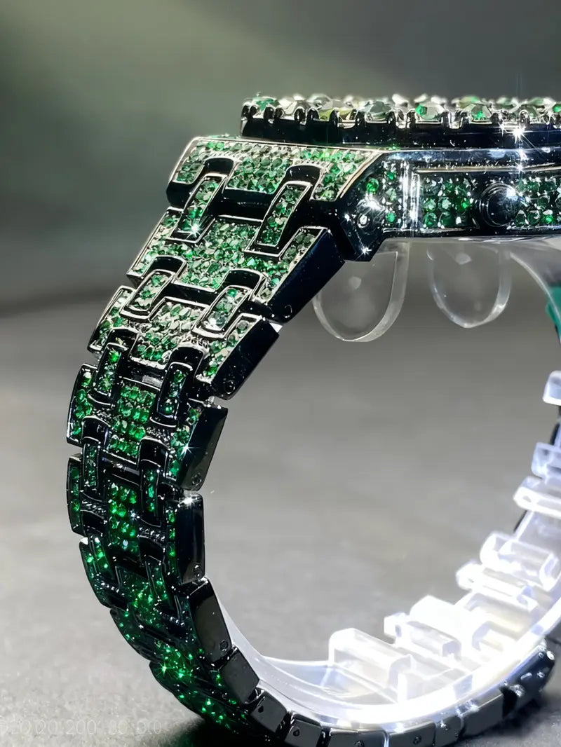 Men's Quartz Watch with Rhinestones, Luxury Ice-Dial Hip-Hop Watch with Full Artificial Water Diamonds, Rhinestone Decorated Watch, Fashionable Stylish Watch