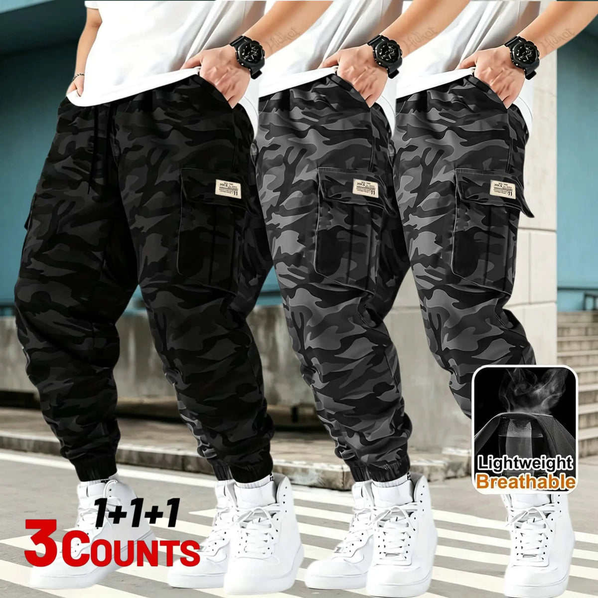 3-piece Men's Tactical Work Pants, Outdoor Camouflage Design, Training, Multi Pocket Pants, Hiking and Camping, Lightweight, Breathable, Quick Drying Sports Pants