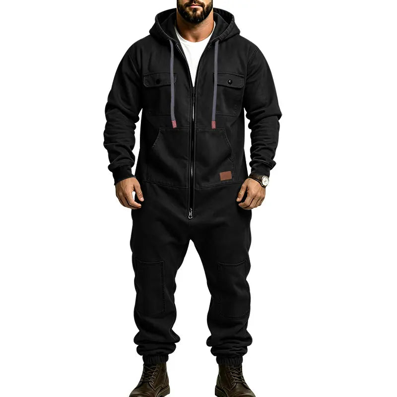 Men’s Hooded Cargo Jumpsuit for Men, Multi-Pocket Zip Front Workwear Coveralls, Relaxed Fit Long Sleeve Utility One Piece Outfit, Outdoor Work Hiking Camping Travel Streetwear Casual Overall with Elastic Cuffs and Drawstring Hood