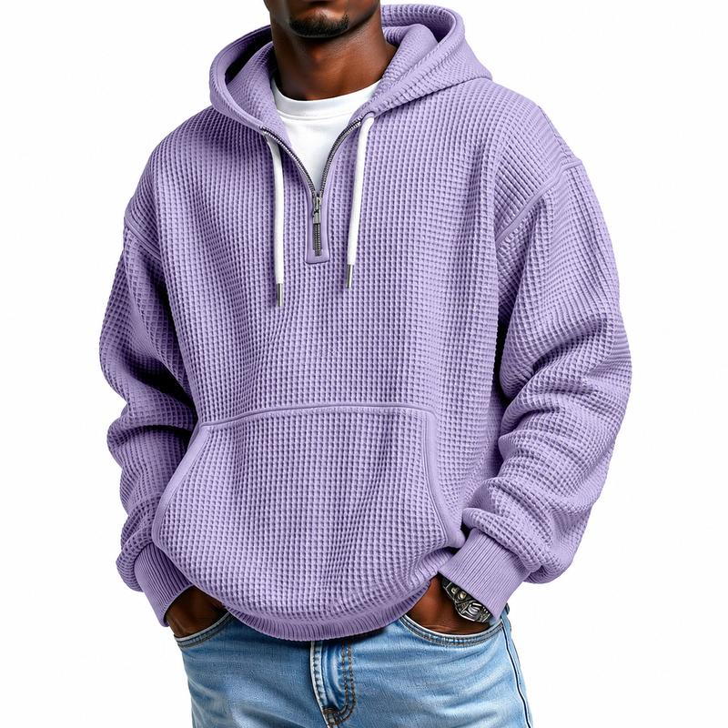 Men's Waffle Knit Half-Zip Hoodie - Casual Plain Streetwear Sweatshirt, Loose Ribbed Pullover, Soft Textured Fabric, Kangaroo Pocket, Long Sleeve, Fall Winter Outdoor Daily Layer