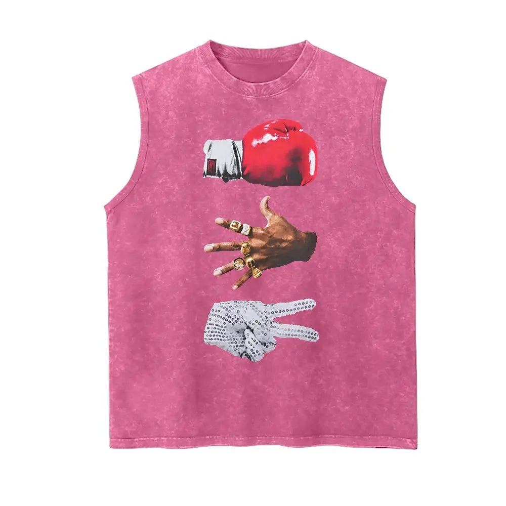 Retro Hip Hop "Boxing Championship Rings and Gloves" Graphic Vintage Washed Tank 90s Graphic Sleeveless Tank Tops Men Vest Streetwear Outfits Men Vacation Outfits Sleeveless Shirt