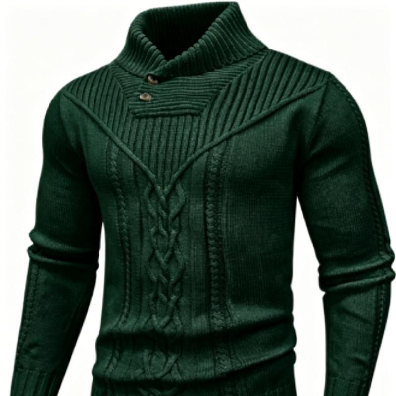 Wizoat Men's Clothing Long Sleeve Shawl Collar Cable Knit Button Fit Knitted Pullover Knitwear - Plain Black, Soft, Relaxed-Fit, Ribbed Cuffs Casual Top, Warm Fall Winter Layer for Daily Office, Matches Shirts Jeans, Hand Wash,sohochic