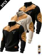 Men's Half-Zip Stand Collar Knit Top, Suede Texture Shoulder Patches, Bull Head Print, Slim Fit, Retro American Style, Casual Wear, Knitwear