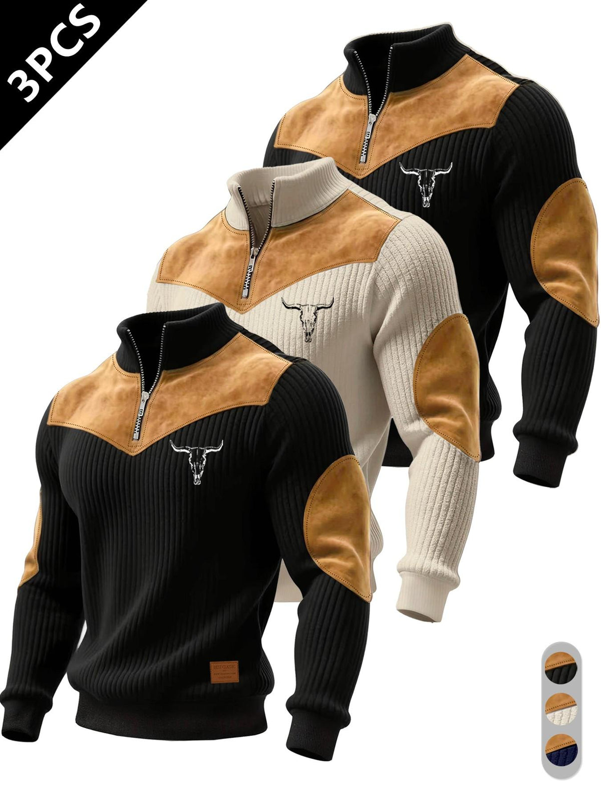 Men's Half-Zip Stand Collar Knit Top, Suede Texture Shoulder Patches, Bull Head Print, Slim Fit, Retro American Style, Casual Wear, Knitwear