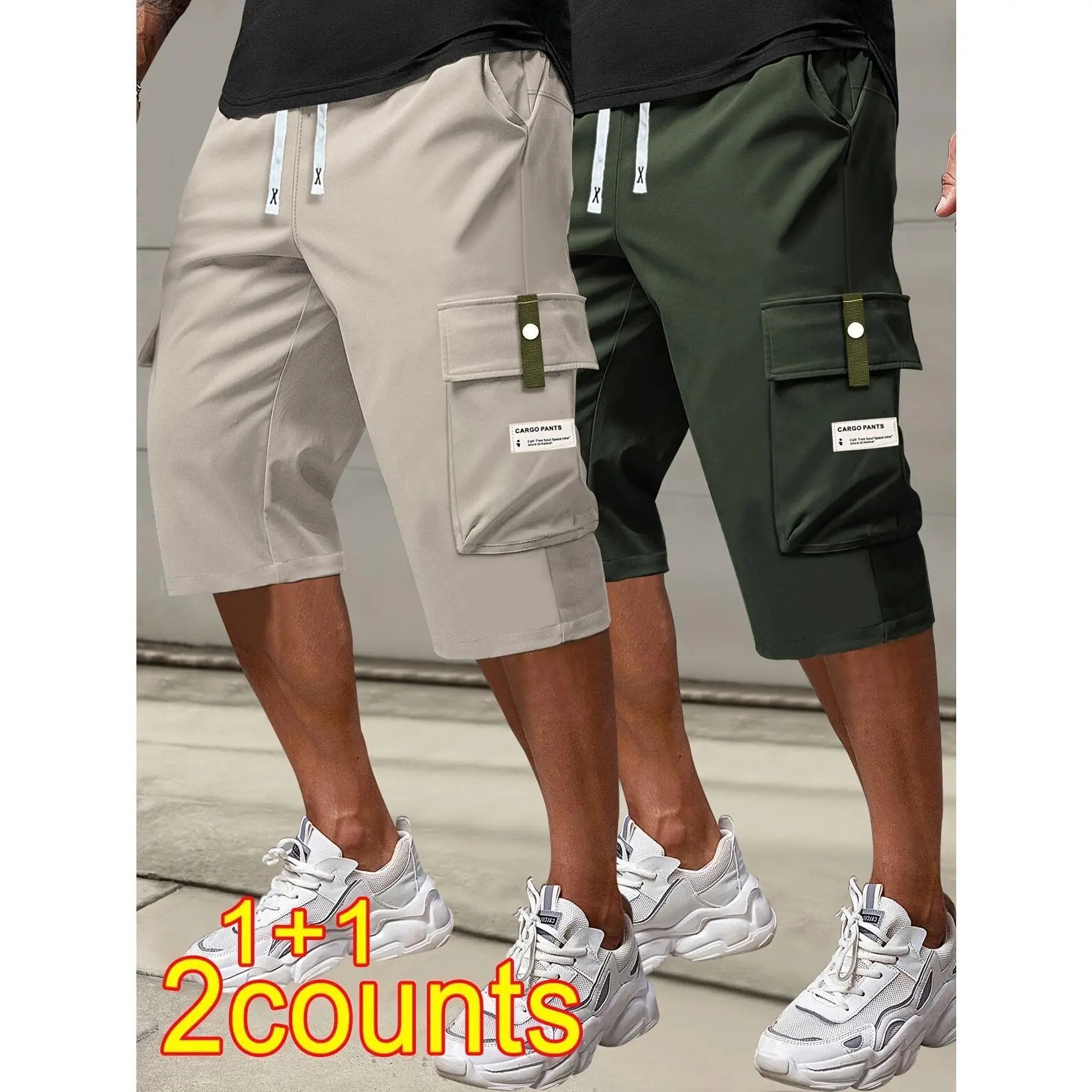 Men's Plus Size Cargo Shorts - Elastic Drawstring Waist & Multi-Pockets