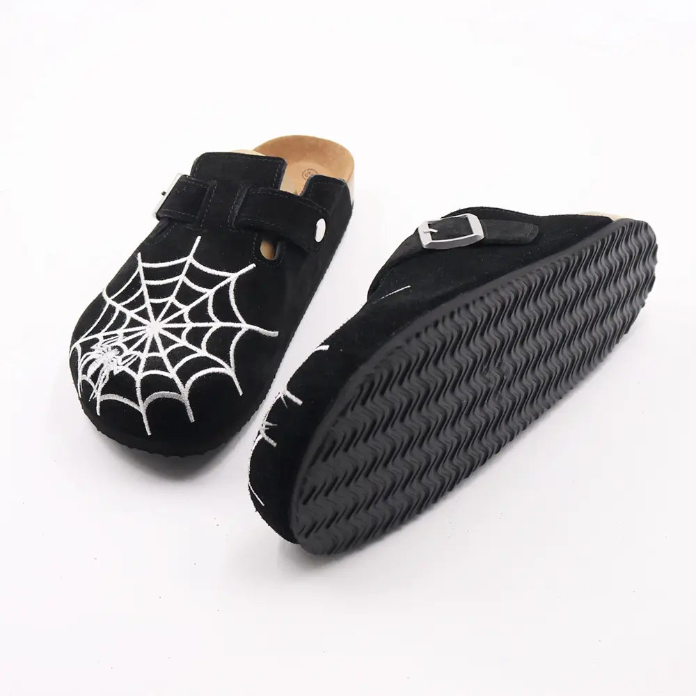 Gothic Men's Boston-Style Clogs with Spider & Web Embroidery, Comfort Cork Footbed, Adjustable Buckle Casual Slip-On Shoes