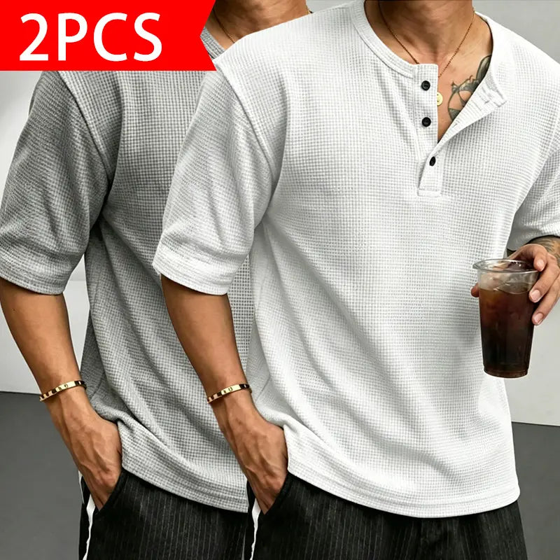 Men's Waffle-Knit Henley Collar T-Shirt (Drop Shoulder/Half-Placket)