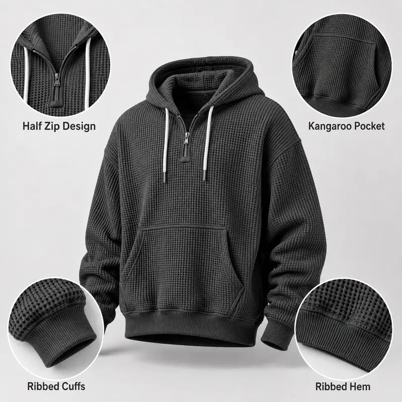Men's Waffle Knit Half Zip Hoodie with Kangaroo Pocket