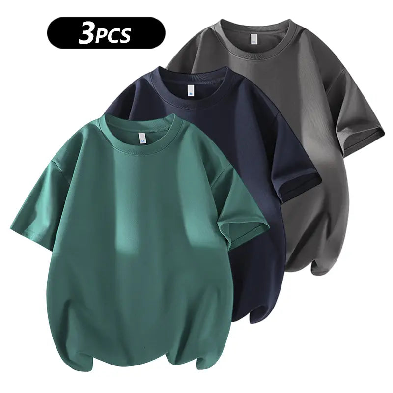 summervibes Men's 3PCS 100% cotton Crew Neck T-Shirts Set - Soft Loose Fit Navy Gray Black Tees for Casual Daily Wear Crewneck Classic
