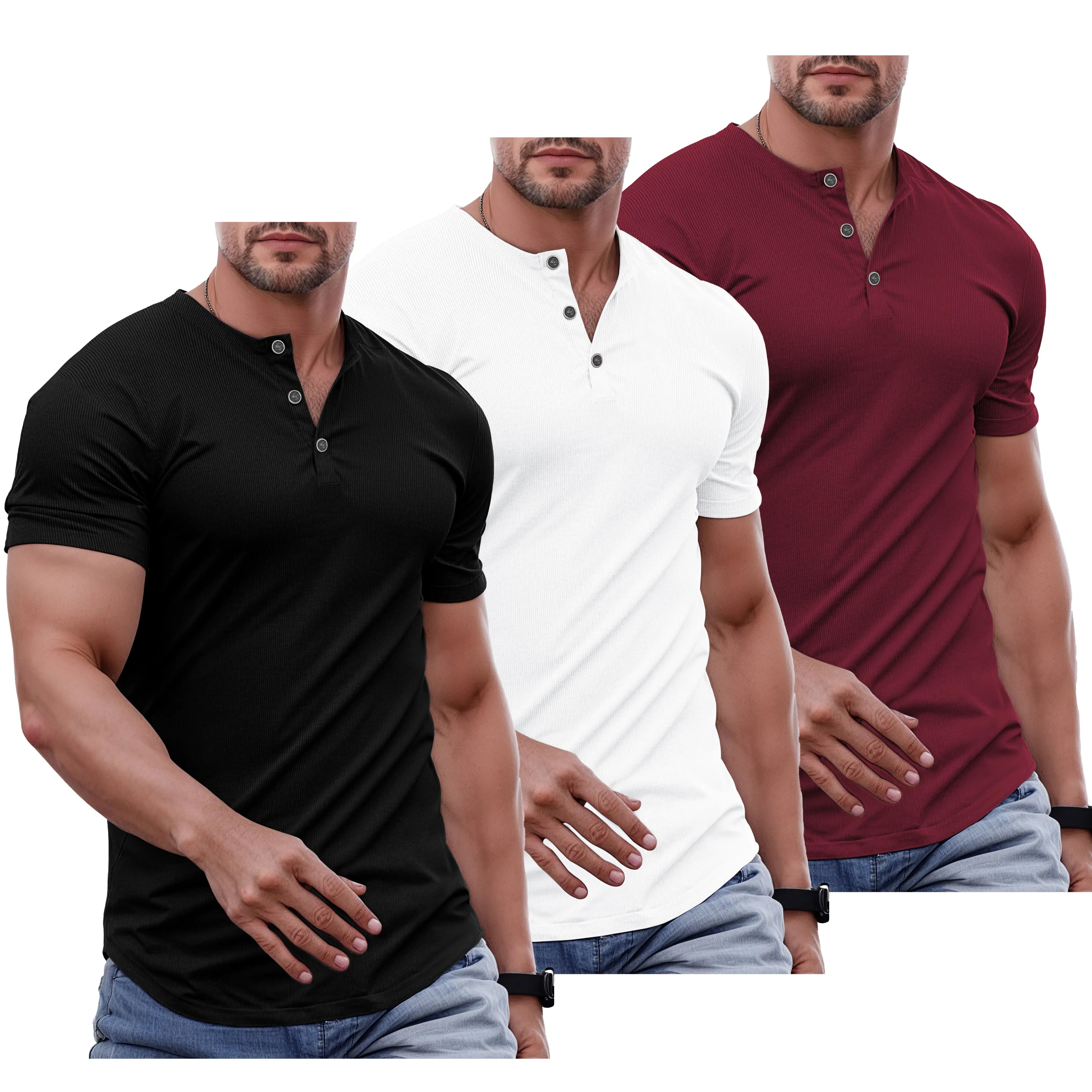 Men's Slim Fit Henley Athletic Longline Workout T-Shirt Heavyweight Stretch