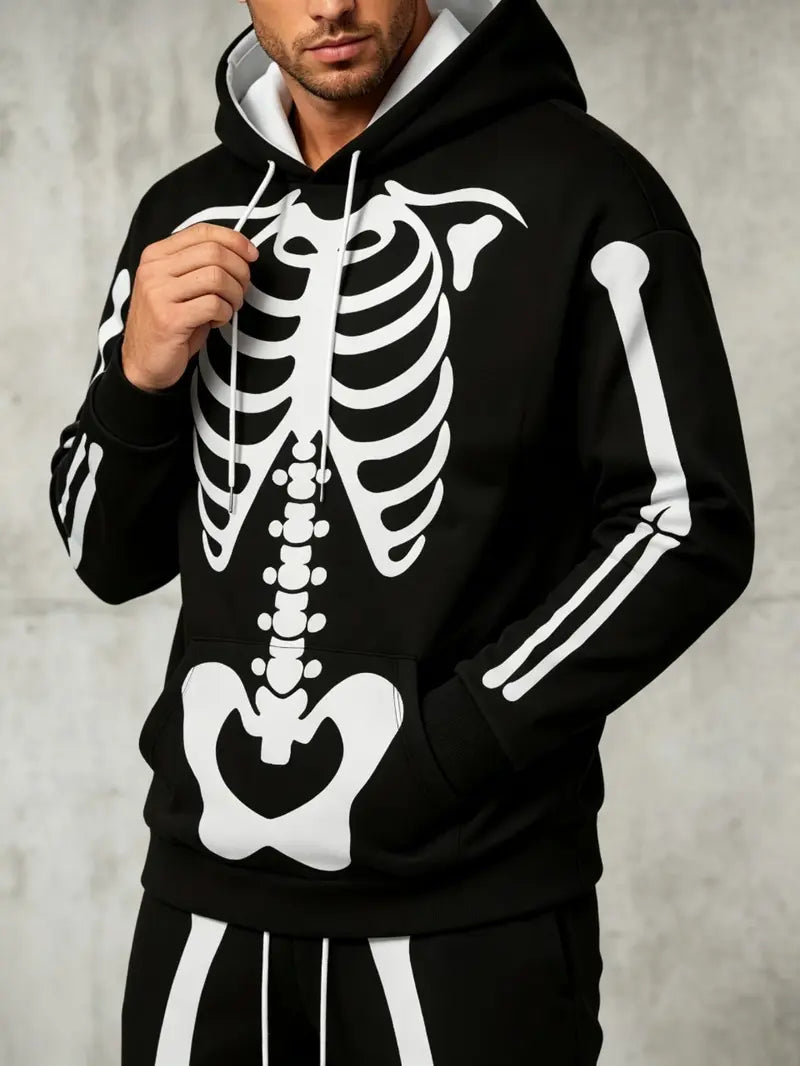 Men's Halloween Skeleton Print Hoodie and Pants Set