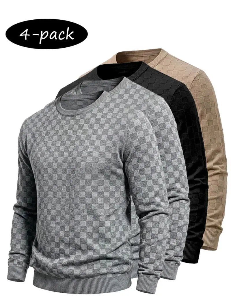 4-Pack Men's Plaid Knit Sweatshirts, Textured Grid Pattern Long Sleeve, Soft Lightweight Casual Top, Ideal for Fall Winter Streetwear