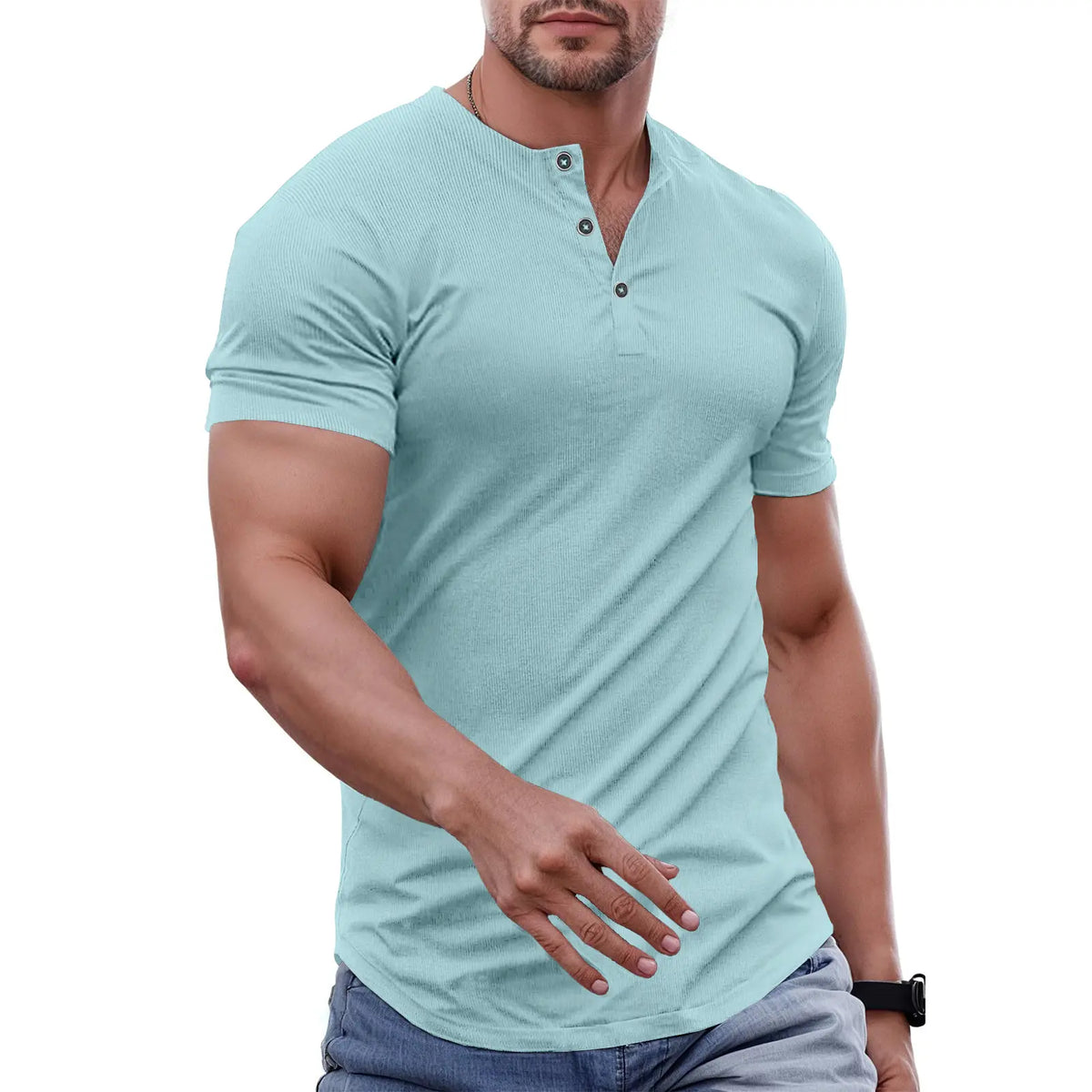 Men's Slim Fit Henley Athletic Longline Workout T-Shirt Heavyweight Stretch