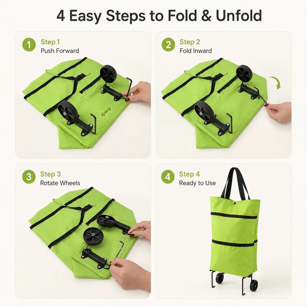 Foldable Shopping Trolley Bag with Wheels, Portable Reusable Grocery Tote, Lightweight Rolling Shopping Cart Bag with Carry Handles for Supermarket, Travel, Laundry and Daily Use