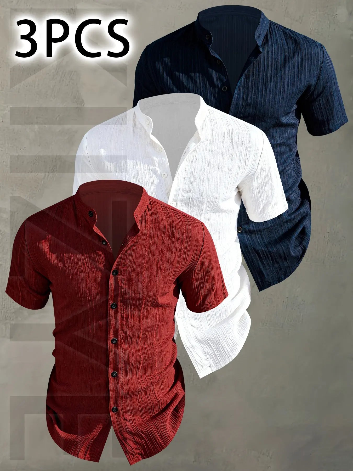 3pcs Men's Summer Lightweight Casual Button-Up Shirts with Stand Collar