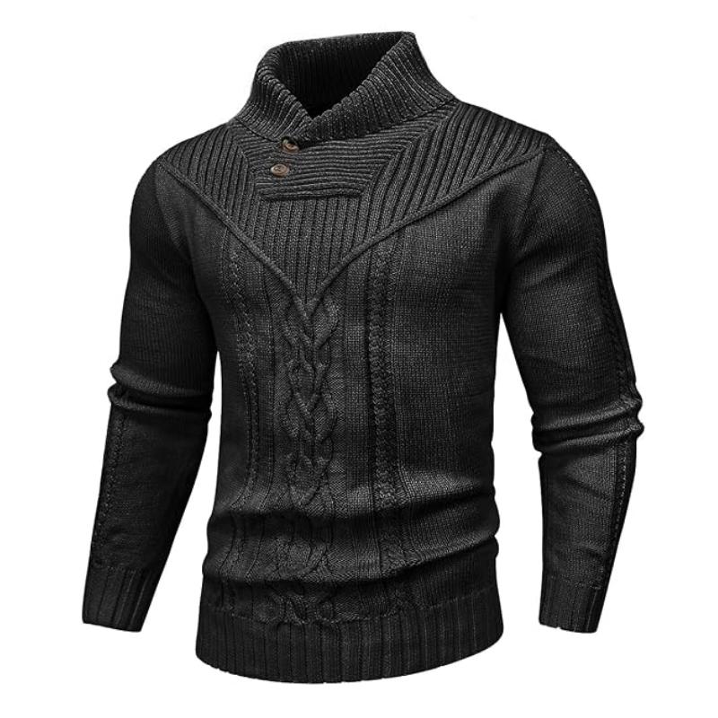 Wizoat Men's Clothing Long Sleeve Shawl Collar Cable Knit Button Fit Knitted Pullover Knitwear - Plain Black, Soft, Relaxed-Fit, Ribbed Cuffs Casual Top, Warm Fall Winter Layer for Daily Office, Matches Shirts Jeans, Hand Wash,sohochic