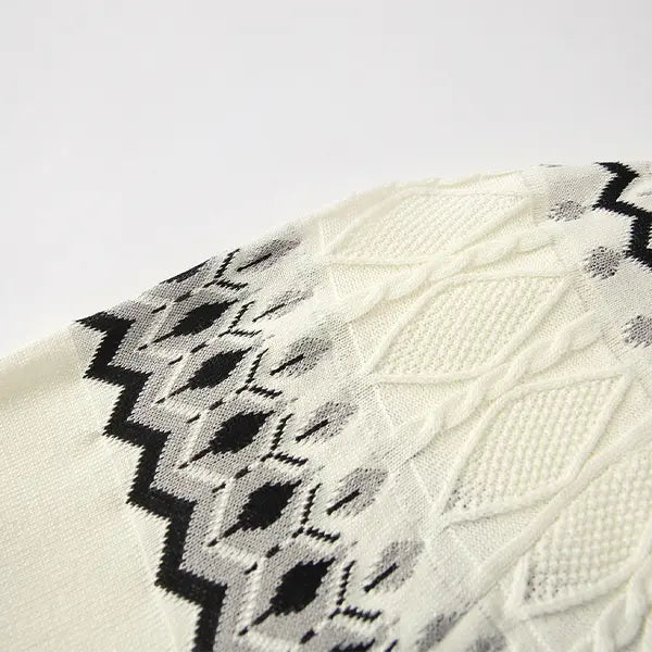 Short sleeve crew neck knit sweater with vintage fair isle jacquard yoke pattern, fine soft knit ribbed trim tailored slim silhouette retro casual top staple for layered modern street mensfashion styling