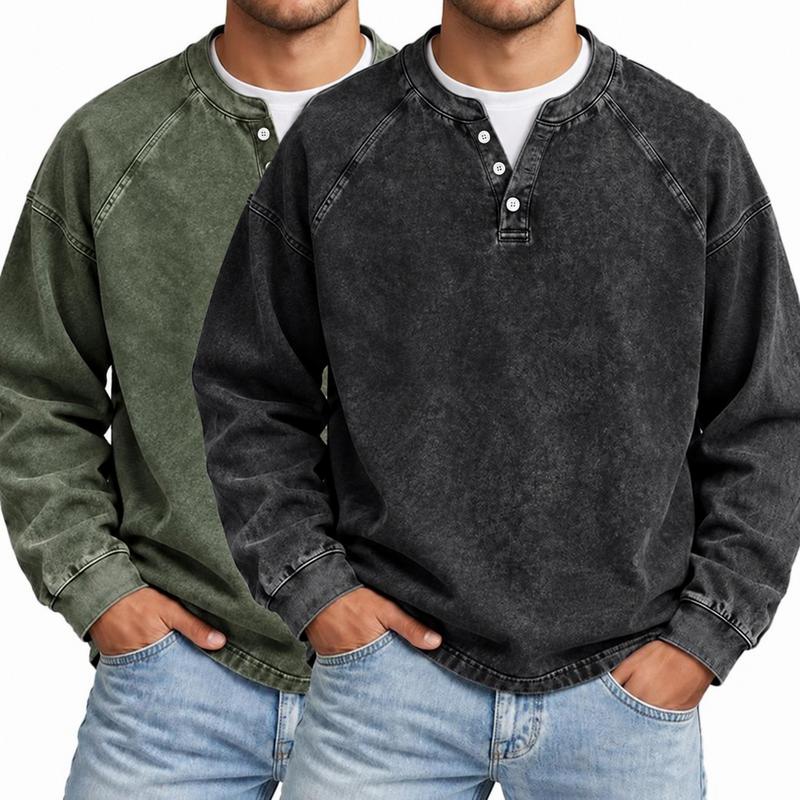 Men's Vintage Washed 3-Button Henley Long Sleeve Plain Pullover, Soft Polyester Oversized Relaxed-Fit Men's Clothing, Dark Brown Casual Streetwear, Dry Clean Compatible Stand Collar Shirt, Everyday Wear Outfits Ribbed Tshirt Wetsuit Menswear Beige Top