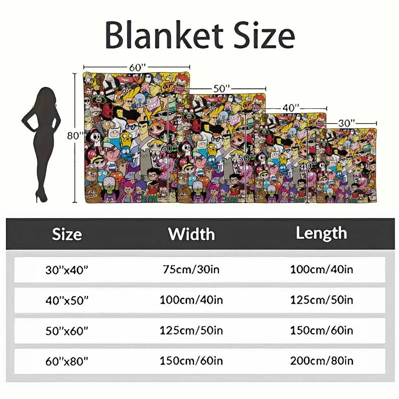 Retro Cartoon Character Flannel Blanket - Classic Animation Collage Print, Flannel Fabric, Multi-Size, Wrinkle Resistant, Anti-Pilling, Soft, Cozy, Lightweight, Durable Indoor/Outdoor Throw for Sofa, Bedroom, Gift Use, Home Office, 30×40 Inch / 76×101Cm (