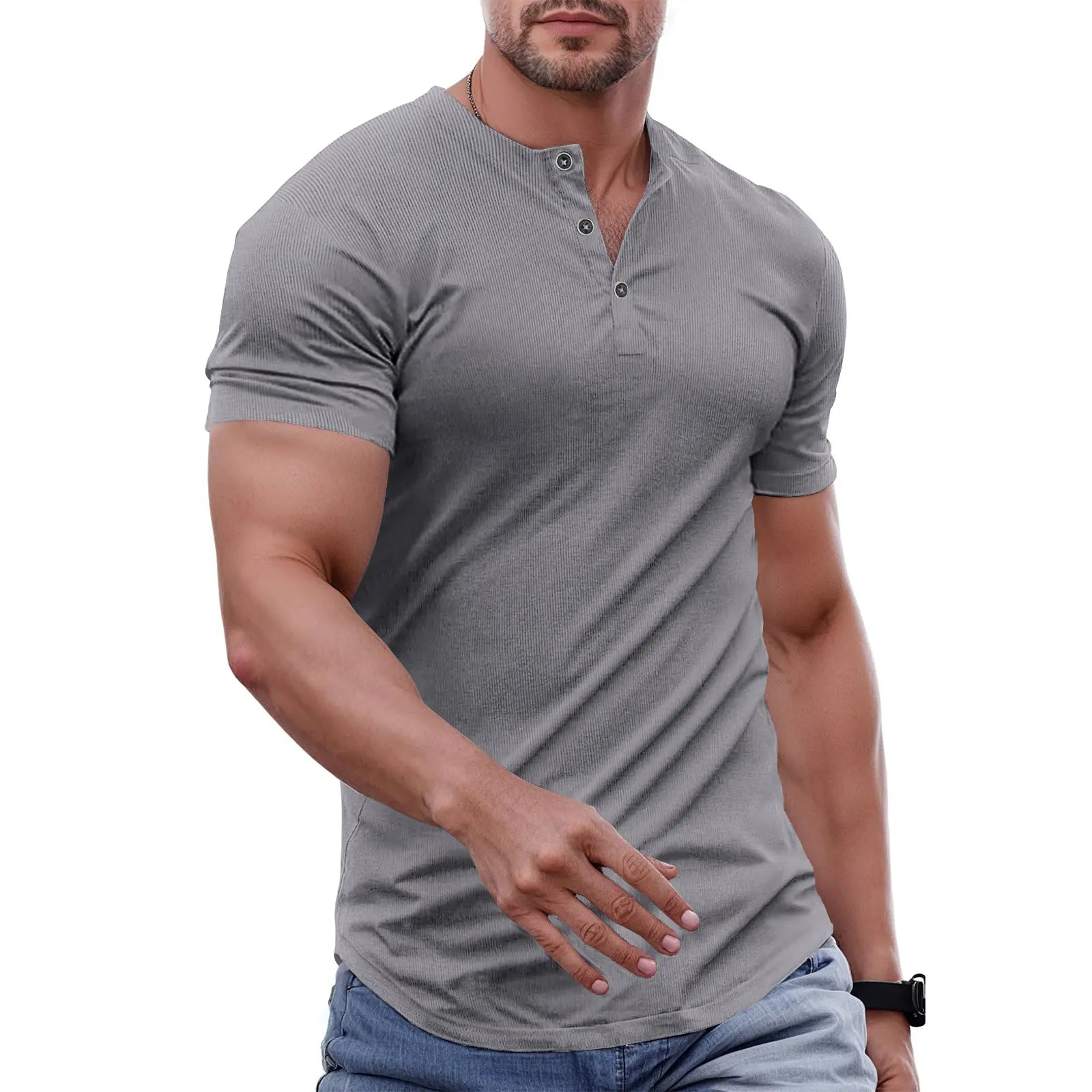 Men's Slim Fit Henley Athletic Longline Workout T-Shirt Heavyweight Stretch