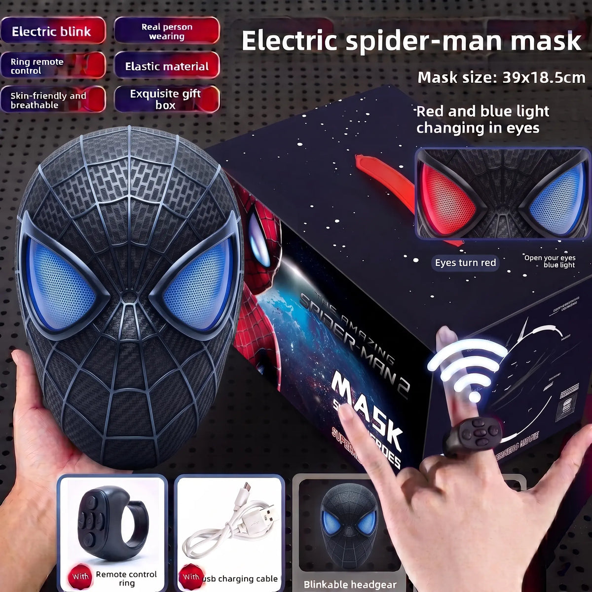 Cool Hero Mask Remote Control Skin-friendly Red & BlueLights Perfect for Cosplay, Halloween, Festivals, Parties -26cm x 19cm x 11cm - Plastic Material