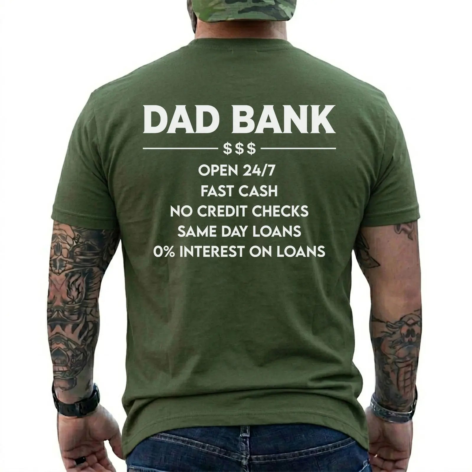 Funny Dad Bank T-Shirt for Men – “Open 247, No Credit Checks” Graphic Tee, Perfect Father’s Day Gift for Dad, Husband, Funny Family Humor Shirt, Short Sleeve Printed Graphic Shirt, Daily Casual Cotton Menswear
