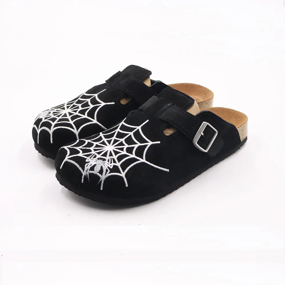 Gothic Men's Boston-Style Clogs with Spider & Web Embroidery, Comfort Cork Footbed, Adjustable Buckle Casual Slip-On Shoes