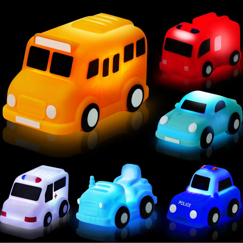 6PCS Bath Cars,Traffic Vehicles and Construction Vehicles, Light Up Bath Toy for Toddler,6 Pack Water Activated Flashing Colors Toys for Kids Bath Fun in the Tub,Bath Fun in Pool or Bathtub,On Beach