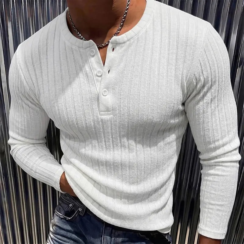 Men’s Ribbed Henley Long Sleeve Shirt Slim Fit Stretch Casual Knit Pullover for Men Soft Breathable Fashion Tee