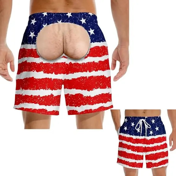Men's Novelty Patriotic Swim Trunks - American Flag Freedom & Chill Quick Dry Beach Shorts with Mesh Lining - Funny Ugly Summer Hawaiian Shirt Vacation Gifts for Him