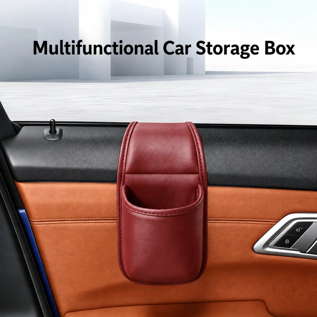 Leather car door storage pocket - double-layer compartments, scratch-proof flannel lining, residue-free adhesive, organizes keys & phones, keeps car interiors tidy, fits most sedans, SUVs and trucks for daily driving