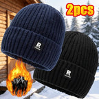 2‑Pack Men Winter Fleece Lined Knit Beanie Hat, Thick Cuffed Skull Cap for Large Head, Warm Thermal Hat for Cycling Skiing Outdoor Daily Wear