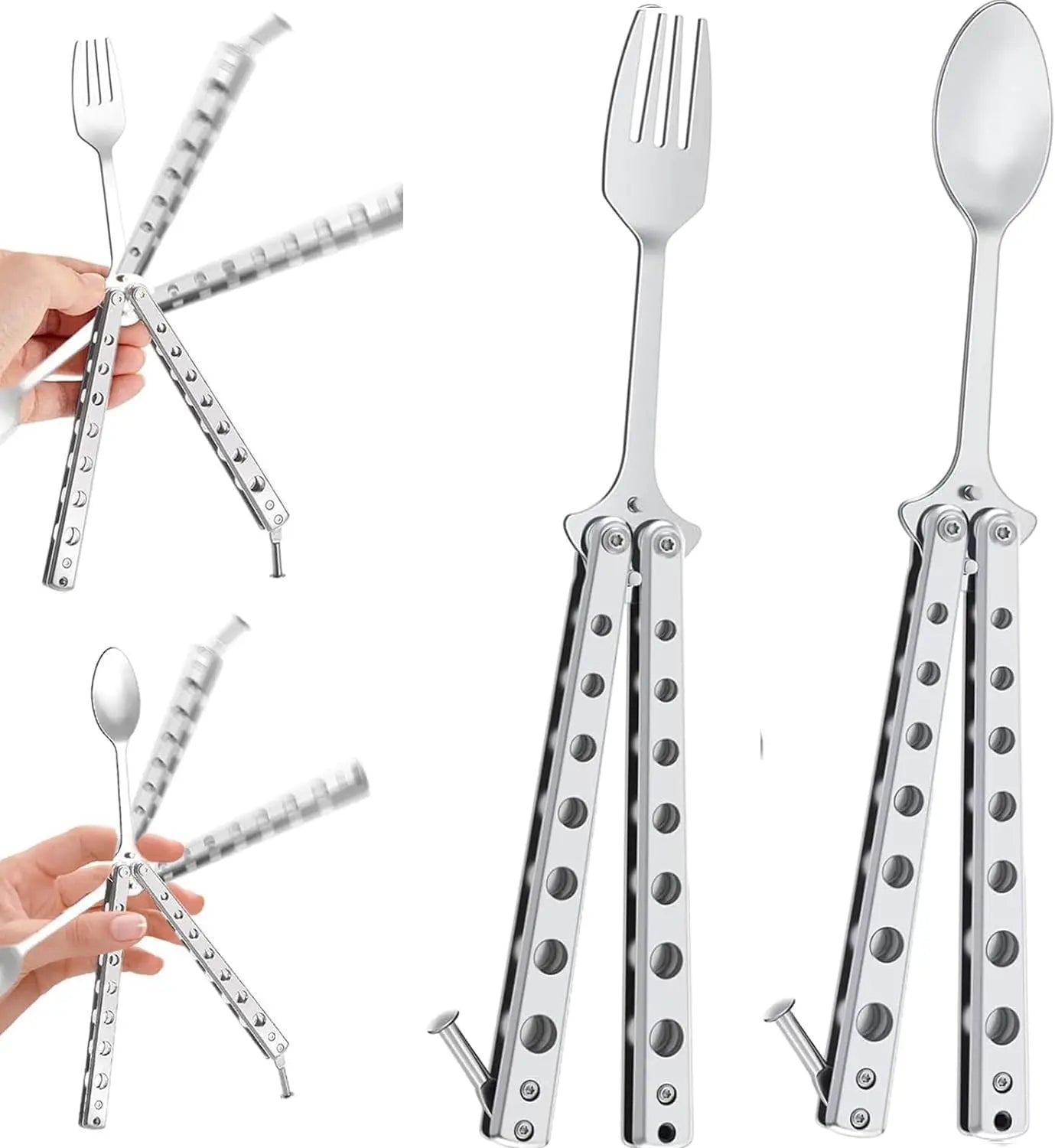 2 Pcs Butterfly Fork and Spoon Set, Tactical Butterfly Spoon Folding Stainless Steel Spork Utensil Set Balisong Trainer for Travel Camping Hunting BBQ Kitchen
