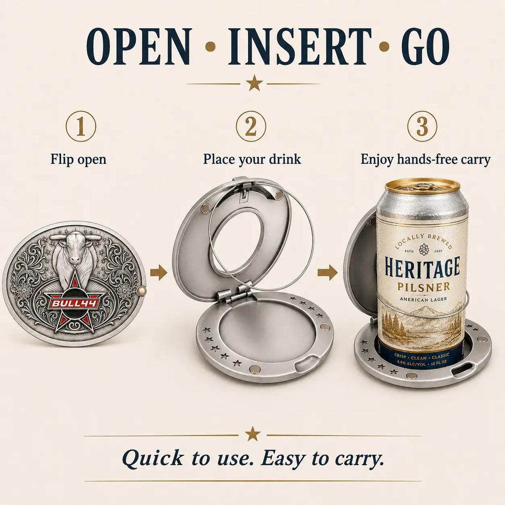 Western Bull Head Oval Flip-Open Magnetic Zinc Alloy Belt Buckle Drink Holster - Men's Accessories, Unisex, Hands-Free Beer & Can Holder for Outdoor Fun, Western Scenarios (Multiple Styles)