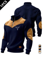 Men's Half-Zip Stand Collar Knit Top, Suede Texture Shoulder Patches, Bull Head Print, Slim Fit, Retro American Style, Casual Wear, Knitwear