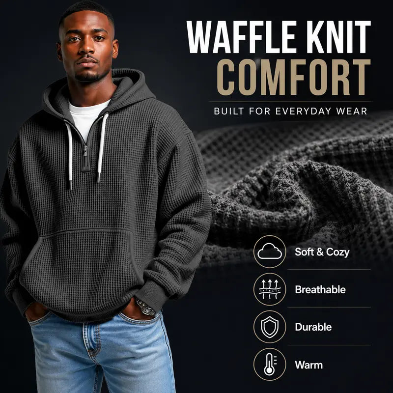 Men's Waffle Knit Half Zip Hoodie with Kangaroo Pocket