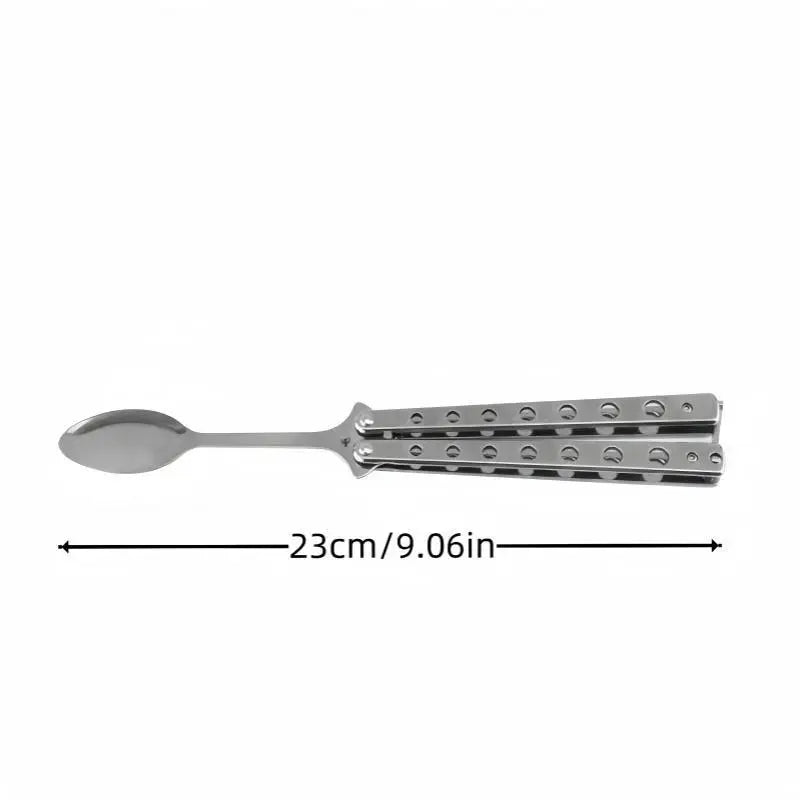 2 Pcs Butterfly Fork and Spoon Set, Tactical Butterfly Spoon Folding Stainless Steel Spork Utensil Set Balisong Trainer for Travel Camping Hunting BBQ Kitchen
